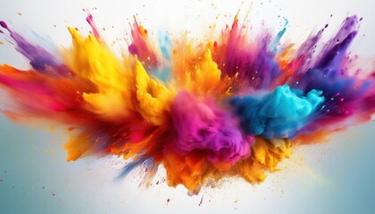 Vivid Paint Splashes Create a Powdery Explosion Against a White Background Abstract Artwork Showcasing Bold Colors and Textures in an Energetic Mood
