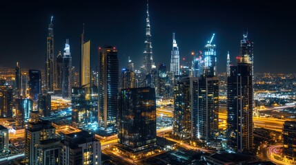 Obraz premium Dubai Skyline Night Photography: A Stunning Aerial View of Illuminated Skyscrapers