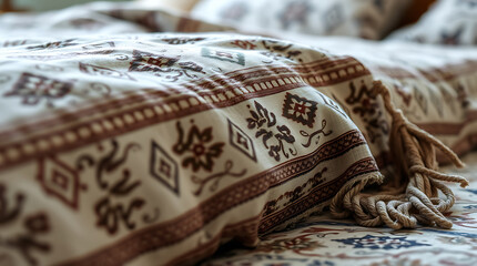 Obraz premium Close-up of a Cozy Ethnic Blanket with Geometric Pattern: Home Decor and Textile Design