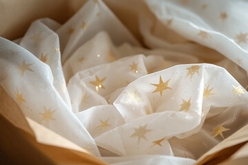 "Elegant White and Gold Star-Patterned Tissue Paper in a Brown Gift Bag"
