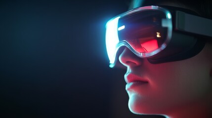 A virtual reality headset for a commercial advertisement of the product. Futuristic virtual reality headphone under bright lights against a dark background.