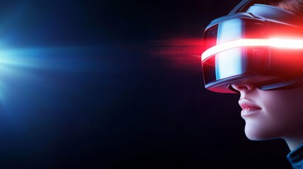 A virtual reality headset for a commercial advertisement of the product. Futuristic virtual reality headphone under bright lights against a dark background.