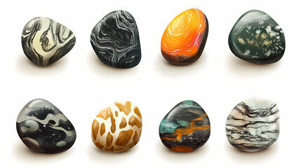 Collection of smooth, polished stones in diverse shades, textures, and patterns, showcasing natural beauty, ideal for decoration, meditation, or nature-inspired designs. Riverstone. Illustration