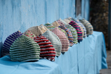 Traditional moroccan hats for sale in the Blue City, Chefchaouen, Morocco