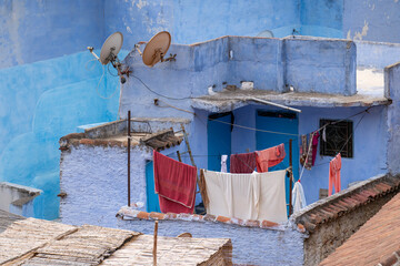 Rooftops with laundry in the Blue City, Chefchaouen, Morocco