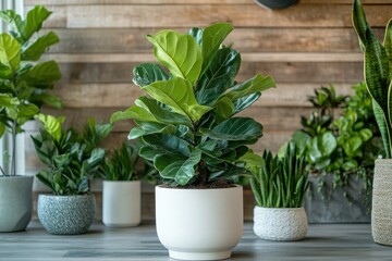 A lush fiddle leaf fig plant in a white pot, surrounded by other green houseplants against a wood backdrop.