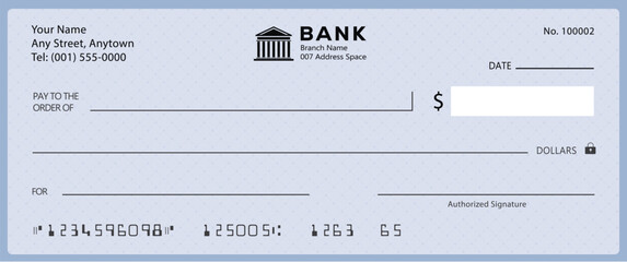 Bank check, vector blank money cheque, checkbook template with guilloche pattern and fields. Currency payment coupon, money check background