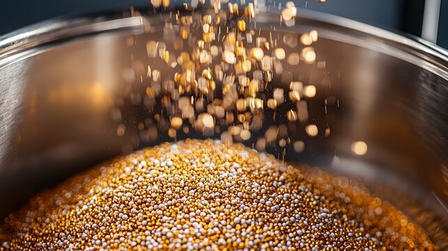 Close-up perspective of brewing malt mash with a dynamic depth of field, showcasing the moisture and texture in an artisanal beer setup