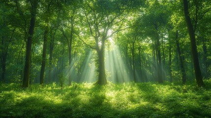 Obraz premium Sunlit Forest Landscape: Peaceful Woodland Scene with Lush Green Trees and Rays of Light
