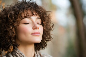 Naklejka premium Relaxing woman enjoying nature with eyes closed in a peaceful outdoor setting during golden hour