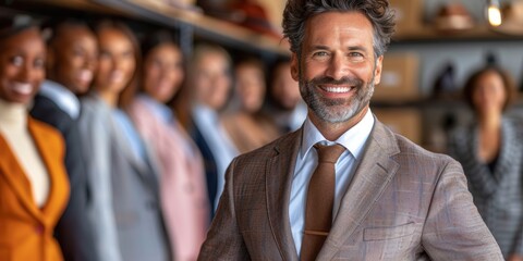 A portrait of a confident businessman in a suit, with a group of professionals in the background in an office setting, conveying teamwork and leadership dynamics