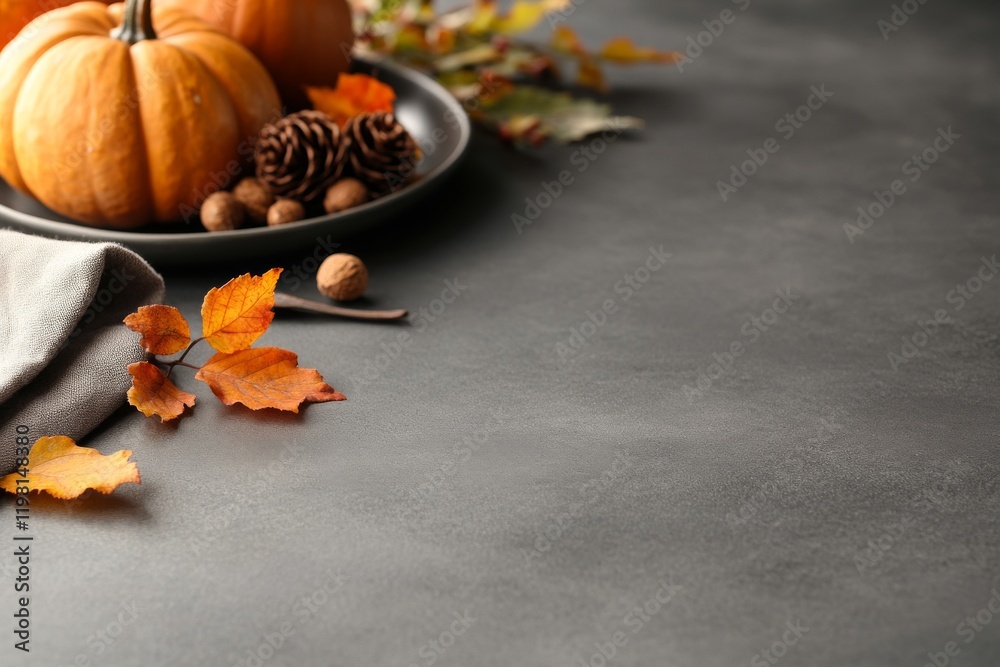 Wall mural Autumn harvest display with pumpkins, leaves, and pinecones on a dark background