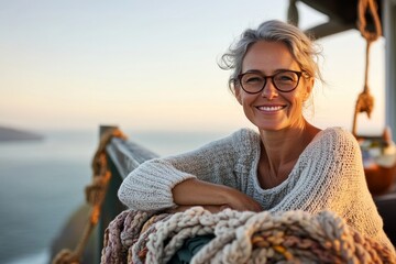 Fototapeta premium Woman enjoying sunset by the ocean while wrapped in cozy knitwear on a dock