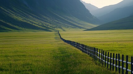 Valley meadow and expansive, A serene valley landscape featuring lush green grass and a long wooden fence stretching into the distance, framed by majestic mountains.