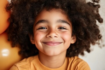 Joyful child with curly hair smiling brightly in a cheerful indoor setting with orange balloons