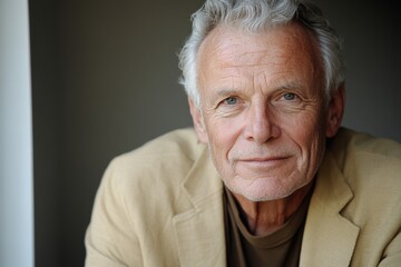 Senior man with gray hair and bright eyes smiles warmly in a simple indoor setting, showcasing a thoughtful demeanor