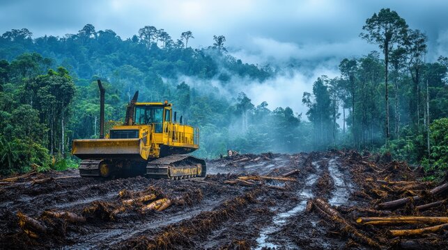 Heavy Machinery Clearing Forested Area with Dense Fog in the Background, Highlighting Environmental Impact and Deforestation Issues in Natural Landscapes
