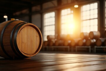 Warm sunlight illuminates a rustic wooden barrel in a cozy distillery setting during late afternoon