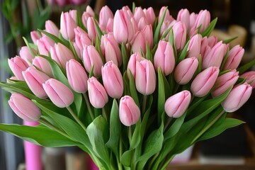 Fototapeta premium Pink tulip bouquet Mother s Day March 8 Happy Easter pink backdrop