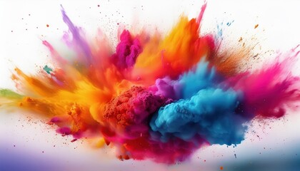 Vivid Colorful Clouds and Dust Explosion Celebrating Holi Festival on a White Background Bright Paints Flying Through Air at Night Time