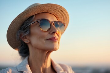 Fototapeta premium Older woman wearing a straw hat and sunglasses enjoys a sunset while standing outdoors