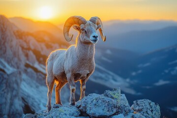 a majestic bighorn sheep surveys its domain from a jagged mountain peak at sunrise, warm golden light illuminating its curved horns against a backdrop of misty valleys