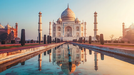 Naklejka premium The Taj Mahal is a beautiful white building with a blue dome. The water in front of it is calm and reflects the building. The sky is blue and the sun is setting, creating a warm