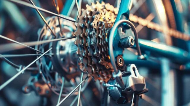 Close-up video of a bicycle gear and chain against the background of a wheel. Great for advertising sporting goods, bicycle workshops and technical reviews.
