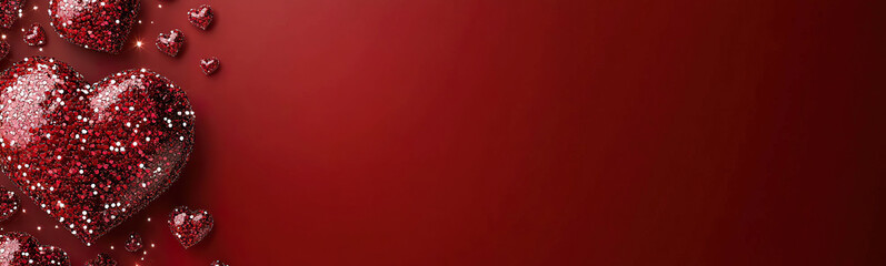 Sequined hearts in vibrant red tones on a smooth red background, elegant and festive design. Generated with AI.