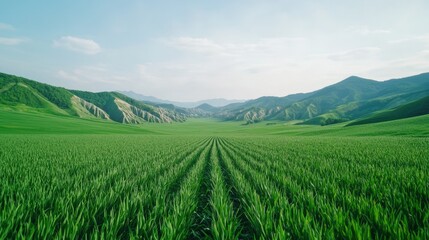 Naklejka premium Valley meadow and expansive, A vast green field stretches towards distant mountains under a clear sky, showcasing the beauty of nature's landscape.
