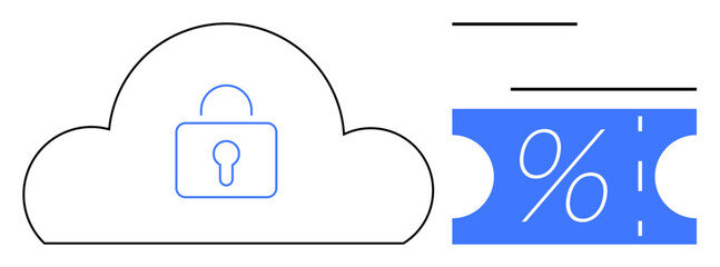 Cloud with lock symbol indicating security next to a blue voucher with a percentage sign. Ideal for cybersecurity, online savings, digital transactions, cloud computing, data protection, financial