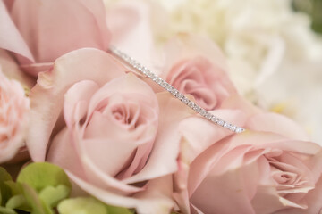 Elegant Gold Bracelet with Pink Roses and White Orchid - Bridal Jewellery on flowers