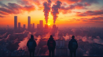 Fototapeta premium Majestic Urban Skyline at Sunset with Prominent Industrial Emissions Contrasting the Vibrant Colors of the Evening Sky and Silhouetted Observers on a Rooftop