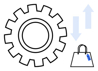 Gear cogwheel and shopping bag with price tag, accompanied by upward and downward arrows. Ideal for economy, market trends, manufacturing, retail, commerce, supply chain innovation. Abstract line