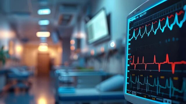 Heart monitor in blurred hospital room of critical patient in the intensive care unit. EKG monitor, medical equipment. Medical care, health, emergency, or surgery concept. World Heart Day
