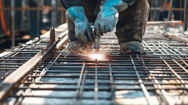 A detailed close-up of construction workers welding reinforcement bars for a bridge pier under construction, Bridge pier welding scene, Structural engineering style