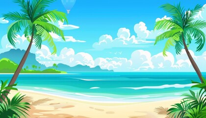 Obraz premium A tropical beach with palm trees, blue water, white sand, and a hot air balloon in the sky.