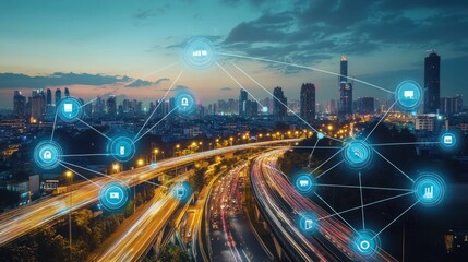 Smart City Network:  A futuristic cityscape at night, illuminated by the glow of technology and interconnected devices, showcasing a vision of advanced urban infrastructure and digital connectivity.
