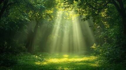 Fototapeta premium Sunbeams illuminating a lush green forest, creating a magical and peaceful atmosphere