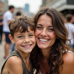 A woman and a young boy, both smiling warmly