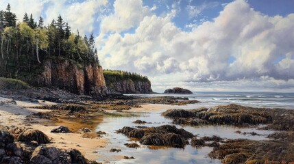 Obraz premium Seascape of rocky cliffs on a sandy beach with lush green trees under blue sky