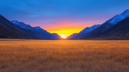 Valley meadow and expansive, A stunning valley landscape at sunset, featuring vibrant colors and snow-capped mountains, with a golden field in the foreground.
