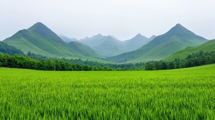 Fototapeta premium Valley meadow and expansive, Lush green fields stretch across a tranquil landscape, framed by majestic mountains under a misty sky, creating a serene and picturesque natural setting.
