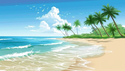 Fototapeta premium A beautiful beach with palm trees and white sand, blue ocean, and a bright blue sky with white clouds.
