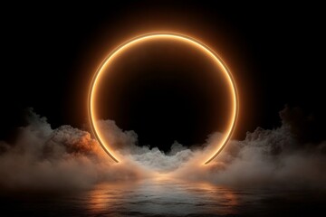 Golden ring of light appears in a dark sky with misty clouds surrounding water at twilight