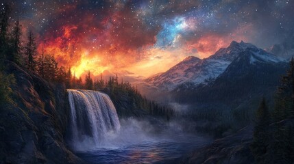 Fototapeta premium Fiery sunset, waterfall, and snowy mountains under a starry sky.