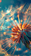 Close up of a flower with a blue background. The flower is surrounded by water droplets, giving it a dreamy and ethereal appearance
