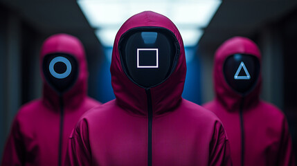 Hooded Squid Game figures in masks with geometric symbols in a mysterious setting highlighting anonymity and intrigue