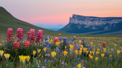 Fototapeta premium Valley meadow and expansive, A vibrant wildflower meadow with pink and yellow blooms set against a backdrop of a majestic mountain during sunset.