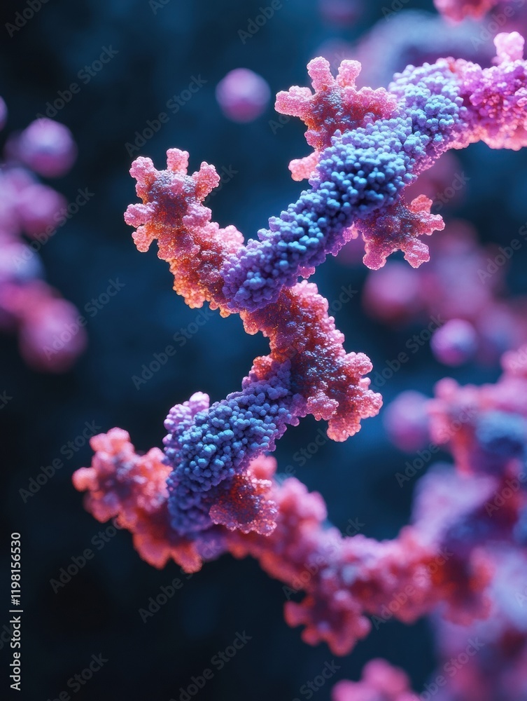 Poster Close up view of a molecular RNA chain surrounded by viral structures revealing intricate details of biological processes. Generative AI